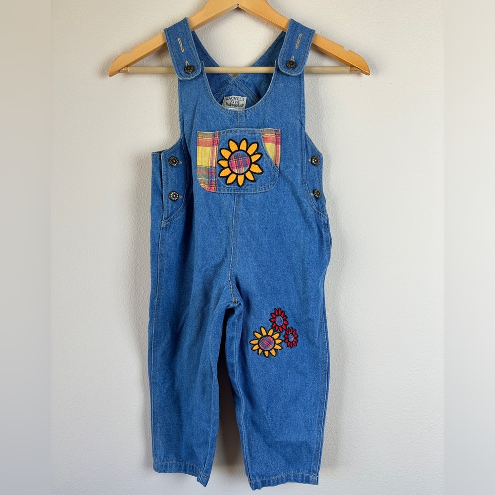 NWT Rachel's Kids Sunflower Jean Plaid‎ Overalls Size 3